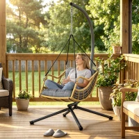 Outsunny Fauteuil suspendu en résine tressée avec support, chaise suspendue, coussin, attache de sécurité, hauteur réglable, gris(m-11)
