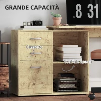 HOMCOM Scrivania Angolare per PC con 3 Cassetti e Ripiani Aperti, in Legno e Metallo, 117x83.5x76 cm, Noce(m-4)