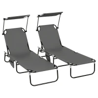 Outsunny Set van 2 inklapbare ligstoelen met zonnescherm, 5-standen verstelbare rugleuning, donkergrijs(m-11)