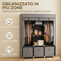 HOMCOM Armadio in Tessuto Pieghevole con Cassetti e Ante Avvolgibili con Zip, 125x43x162.5cm, Grigio Scuro(m-4)