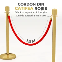 HOMCOM Stâlpi de Delimitare din Oțel Inoxidabil Aurii cu Frânghie Catifelată Roșie de 1,5 m și Bază Reîncărcabilă, Ø32x96 cm(m-5)