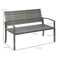 Outsunny tuinbank, rotanlook, met stalen frame, voor 2 personen, grijs, 122 x 60 x 87 cm(m-3)