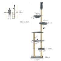 PawHut 230-250cm Floor-to-Ceiling Climbing Cat Tree Tower - Grey(m-3)