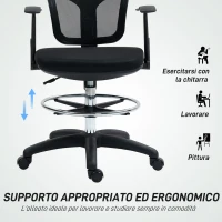 HOMCOM Sedia Girevole con Anello Poggiapiedi e Schienale Ricurvo, in Poliestere, Schiuma e Plastica, 55x58x94 cm, Nero(m-3)