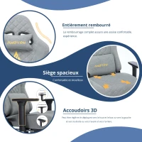 Fauteuil gamer ergonomique, entièrement rembourré, respirant, infroissable et durable, 70x70x131 cm, Gris(m-8)