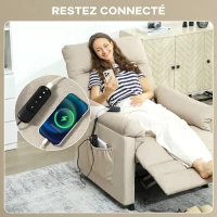 HOMCOM Fauteuil Relax Électrique Massant et Chauffant en Velours, Ultra Silencieux, Inclinable, Port USB, 82x99x106cm, Beige(m-9)