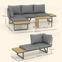 Outsunny Buitenmeubelset, Uitbreidbaar naar 6 Zitplaatsen, L-Vormige Buitenhoek met Tafels, Stalen Frame, Verstelbare Leuningen, Grijs(m-3)