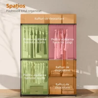 HOMCOM Dulap garderobă cu 2 bare și 4 rafturi, din material textil netesut, plastic și oțel, 142x43x185 cm, negru(m-5)