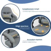Fauteuil gamer avec repose-pieds, coussin cervical et lombaire doux, coussins de soutien amovibles, 60x60x122 cm, Gris(m-8)