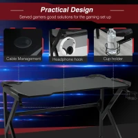 HOMCOM Gaming desk with Cup Holder Headphone Hook Feet Adjustable 120 x 66 x 75cm Black(m-5)