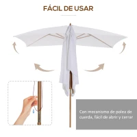 Outsunny Sombrilla de Jardín 295x200x255cm con Mástil de Madera Varillas de Bambú y Polea Parasol Rectangular para Terraza Blanco(m-4)