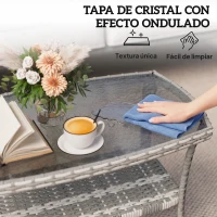 Outsunny Mesa de Jardín Exterior Rectangular de Ratán con Estante Tablero de Vidrio Templado con Ondas 90x50x45 cm Gris Oscuro(m-6)