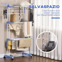 HOMCOM Stendibiancheria Pieghevole a 4 Livelli con Ali Girevoli e 4 Ruote, in Acciaio e PP, 73x64x177 cm, Bianco e Argento(m-6)