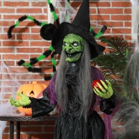 HOMCOM Heks met Giftappel, Halloween Decor, Griezelige Geluiden, Rode Ogen, Beweegbare Armen, 180 cm(m-9)