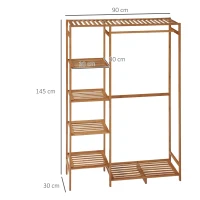 HOMCOM Cuier din Bambus cu Rafturi pe 6 Niveluri și Bară pentru Umerașe, 90x30x145 cm, Lemn Natural(m-3)