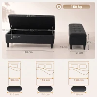 HOMCOM Bancă cu depozitare 136 L, taburet cu ladă 110x41x42 cm, piele ecologică pet-friendly, negru(m-3)