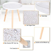 HOMCOM Coffee Table, Carved Floral Round Table with Tray-style Top and Wood Legs, Modern Side Table for Living Room, White(m-6)