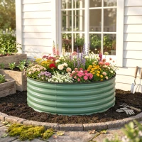 Outsunny Galvanised Raised Garden Bed with Safety Edging, Outdoor Raised Planter Box with Gloves, 120 x 120 x 43cm, Light Green(m-9)