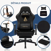 Chaise gaming avec repose-pieds, en similicuir suédé respirant, réglable en hauteur avec vérin à gaz, pivotante, 70x70x135 cm, Noir(m-5)