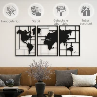HOMCOM Wanddecoratie Metaal 3-delig Wanddecoratie Wereldkaart Wandkunst voor Woonkamer Slaapkamer Gang, 50 x 80 cm, Zwart(m-6)