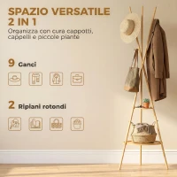 HOMCOM Albero Porta Abiti con 9 Ganci e 2 Ripiani, Naturale(m-4)