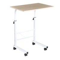 HOMCOM bijzettafel in hoogte verstelbare salontafel verrijdbaar bureau met wielen parkeerremmen C-vormige tafel spaanplaat staal ijzer kunststof wit esdoorn 60 x 40 x 68-78 cm(m-11)