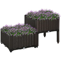 Outsunny verhoogd bed, 2-delige plantenbak met afwateringsgaten, bloembak in rotan-look, PP, bruin(m-10)