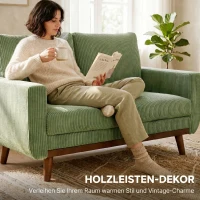 HOMCOM 2-Sitzer-Sofa, 134 cm Cord-Sofa mit Taschenfedern, dicker Rückenlehne, Holzlatten-Akzent, Grün(m-6)