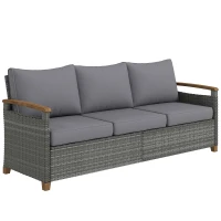 Outsunny 3 Seater Rattan Garden Sofa, PE Wicker Outdoor Sofa Wide Deep Seat, 4" Cushions, Wood-Effect Armrests Legs, Dark Grey(m-1)
