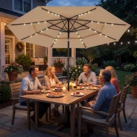 Outsunny 2.8 m Garden Parasol Umbrella with LED Solar Light, Parasol Cover, 3 Tier Outdoor Table Market Patio Umbrella, Khaki(m-10)