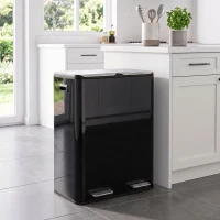 HOMCOM 2 x 30L Double Kitchen Bin, Stainless Steel Pedal Rubbish Bin with Dual Compartments, Soft Close Lids, High Gloss Black(m-2)