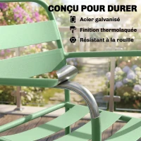 Outsunny Ensemble bistrot de jardin 3 pièces - table basse en verre trempé et 2 chaises à lattes, cadre en acier galvanisé, vert(m-5)