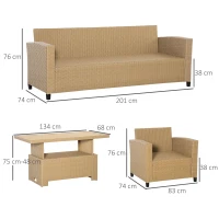Outsunny 4 PCS Outdoor PE Rattan Sofa Set, Patio Twin Wicker Aluminium Frame Conversation Furniture w/ Adjustable Wood Grain Plastic Table-top Table & Thick Cushion for Garden, Backyard, Lawn, Khaki(m-3)
