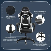 Vinsetto Silla Gaming Profesional Silla de Escritorio Ergonómica Reclinable y Ajustable en Altura con Respaldo Alto Reposacabezas y Reposabrazos 66x66x128-138 cm Blanco(m-7)