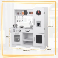 AIYAPLAY Cozinha de Madeira para Crianças com Fogão Lavatório Micro-Ondas Relógio Máquina de Gelo e Acessórios 100,5x41x110 cm Brancp(m-3)