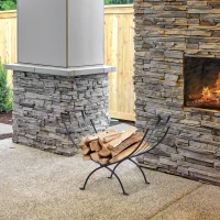 Outsunny Metal Firewood Log Holder Indoor Outdoor Folding Firewood Rack Fireplace Wood Storage Shelf w/ Handles, Black, 60W x 35D x 45Hcm(m-2)