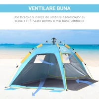 Outsunny Cort de Plajă Pop-Up cu Ușă cu Fermoar, din Poliester și Fibră de Sticlă, 220x173x120 cm, Albastru Deschis și Galben(m-6)