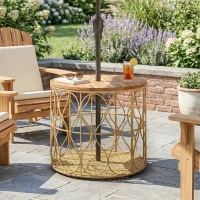 Outsunny Bijzettafel Ø50 cm weerbestendig Tuintafel met rotanlook Acaciahouten tafelblad verstelbare voetjes Teak(m-2)