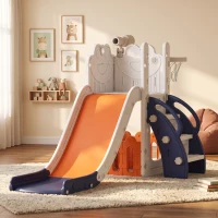 AIYAPLAY 5 in 1 Kids Slide Set with Basketball Hoop, Climbing Frame, Telescope, Storage Box for Toddlers Ages 1-3, Orange(m-8)