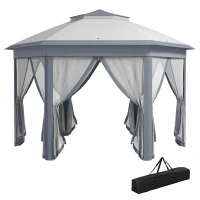 Outsunny 3 x 4m Metal Frame Hexagon Gazebo, with Curtains - Grey(m-1)