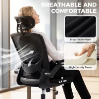 HOMCOM Chaise Bureau Ergonomique, Fauteuil de Bureau en Maille avec Soutien Lombaire et Appui-Tête Réglables, 64x65x129cm, Noir(m-8)