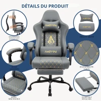 Fauteuil gaming avec repose-pieds, coussin appui-tête et lombaire moelleux, coussin de soutien amovible, 60x60x122 cm, Gris(m-1)