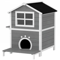 PawHut Buitenkattenhuis met Weerbestendig Dak, Venster, Balkon, Uitneembare Bodem, 2 Niveaus, voor 1-2 Katten, Grijs(m-10)