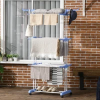 HOMCOM Séchoir étendoir à linge sur roulette pliable ailes latérales intérieure et extérieure 73 x 64 x 177 cm bleu argent(m-7)