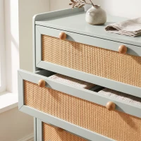 HOMCOM Cómoda 4 cajones de madera y ratán PVC, Estilo bohemio, para dormitorio, entrada, pasillo, 80x40x109,2cm, Verde salvia(m-8)