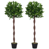 Outsunny Artificial Bay Laurel Topiary Trees with Twisted Trunk, Realistic Lush Topiary Ball Tree with Weighted Pot, 120cm Indoor Greenery Plant for Home Office Garden Decor, Set of 2, Green(m-1)