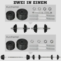 HOMCOM halter, halter, 2-in-1, 20 kg, 8 halterschijven, roestvrij, ijzer, zwart, 95 x 16 x 16 x 16 cm(m-4)