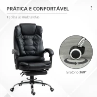 HOMCOM Cadeira de Escritório Reclinável Cadeira Executiva Giratória com Altura Ajustável Estofada em PU 64,5x69x109-117 cm Preto(m-6)