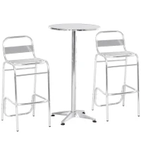 Outsunny Set Tavolino Alto con 2 Sgabelli da Bar, Arredamento da Giardino in Alluminio e Acciaio Colore Argento(m-10)