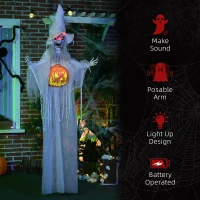 HOMCOM 6ft Outdoor Halloween Decoration Witch with Pumpkin, Hanging Skeleton Witch Prop Life Size with Sound and Motion Activated, Light Up Eyes, Laughing Sound, Posable Arms, White(m-7)